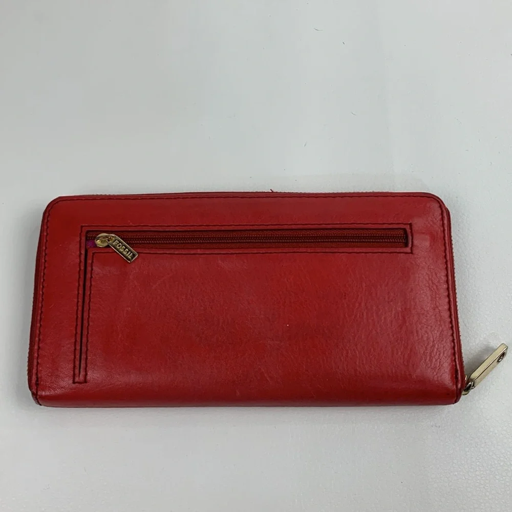 Fossil Red Leather Wallet Gold Zip Around Pink lined Slip pockets Cards Cash